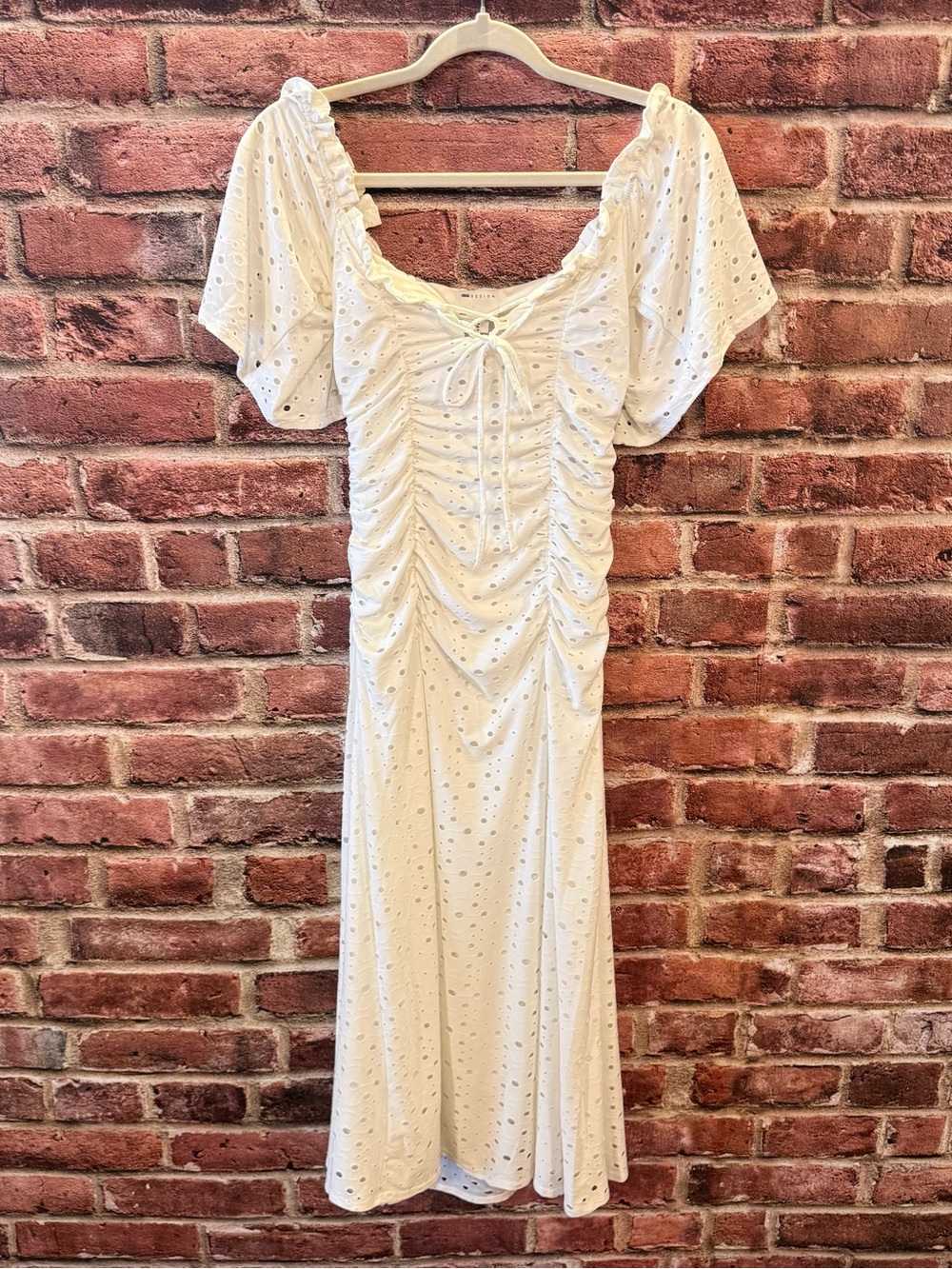 ASOS White Eyelet Ruched Midi Dress with Puff Sleeves